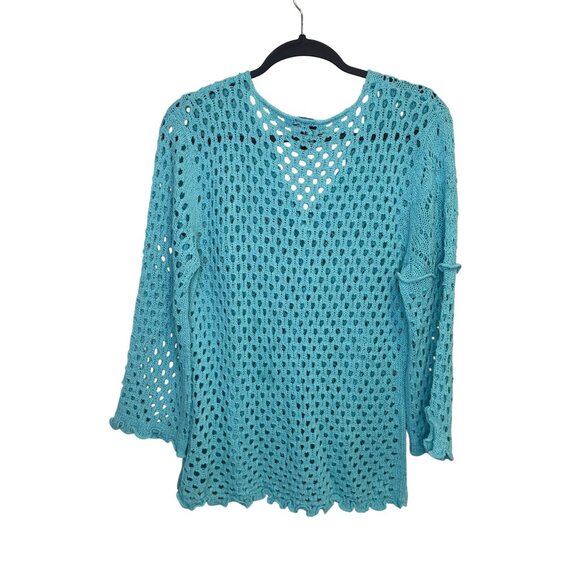 Lisa International Aqua Open-Knit Cardigan Sweater Sz Large Crochet Cottagecore - Picture 2 of 7